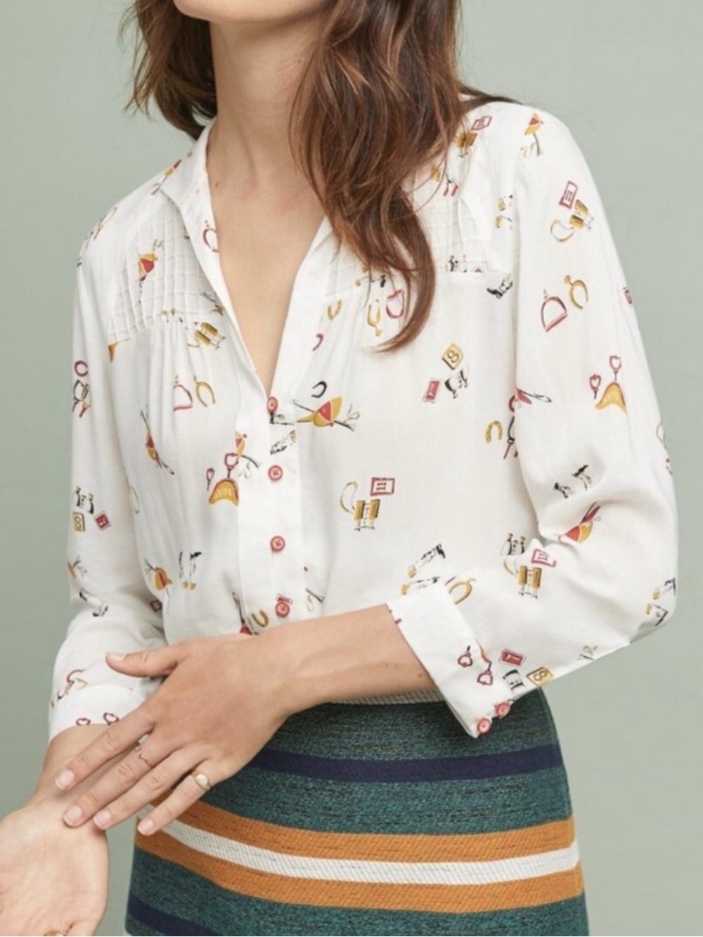 Anthropologie Pintucked Button Front Shirt  Equestrian Novelty Print Casual